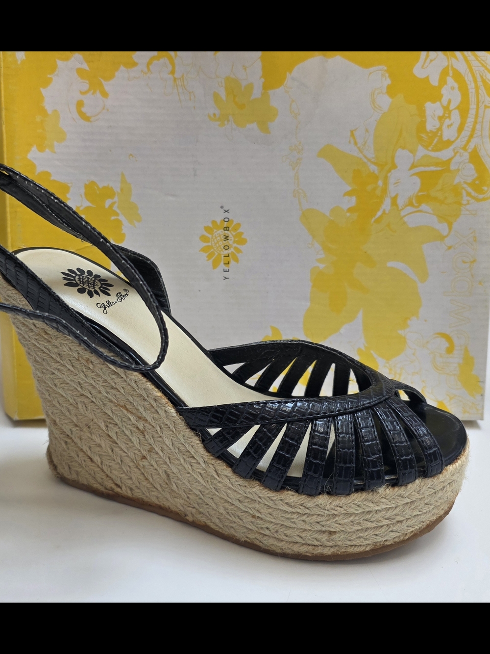 Yellow Box Black Woven Espadrille Platform Wedge Sandals Size 7.5